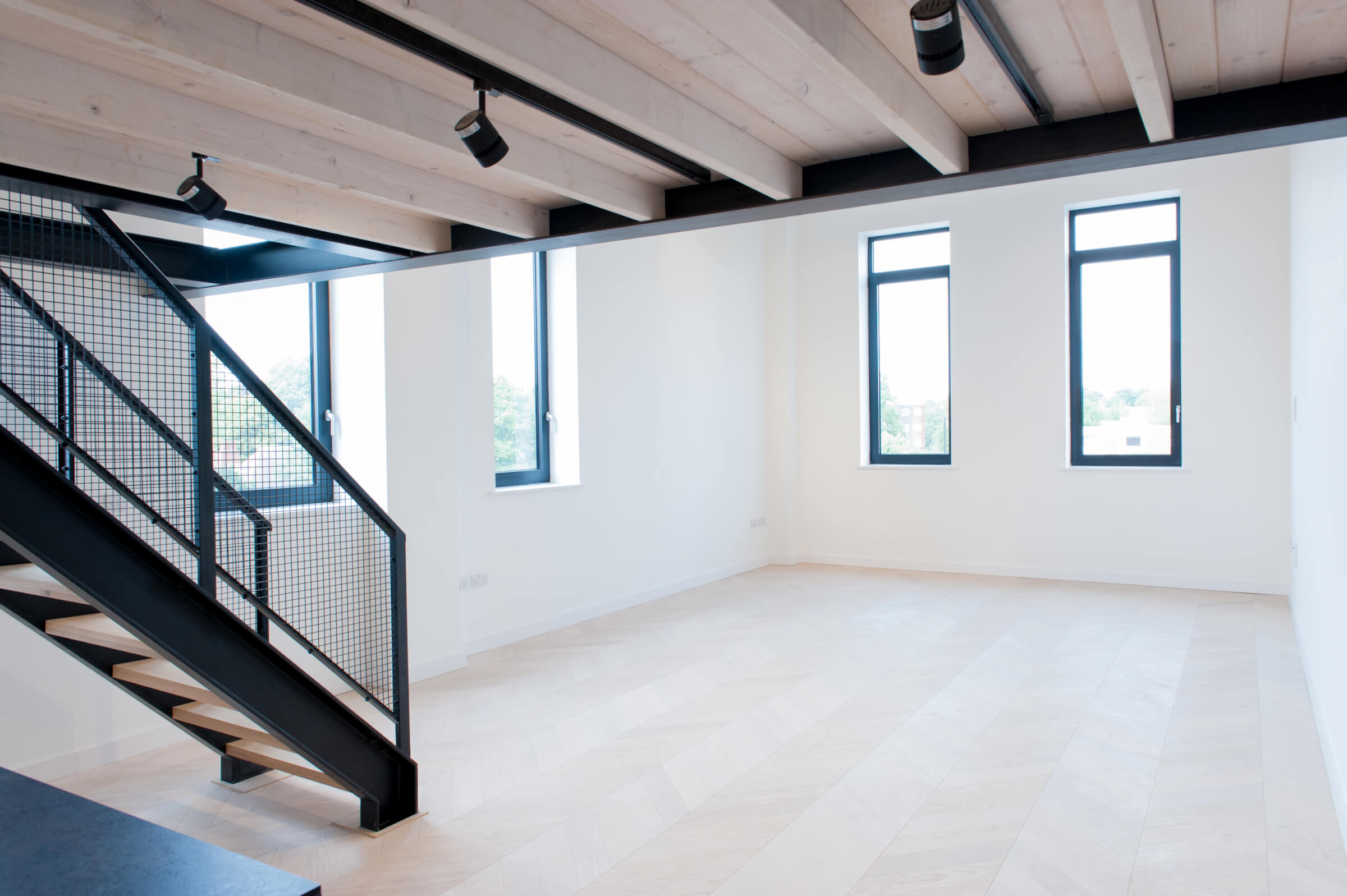 View from the kitchen, looking out to the living area of apartment 06 at The Exchange